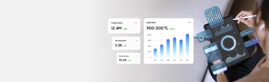 QR-SOFT panel tanıtım görseli — analitik kartlar ve tablet